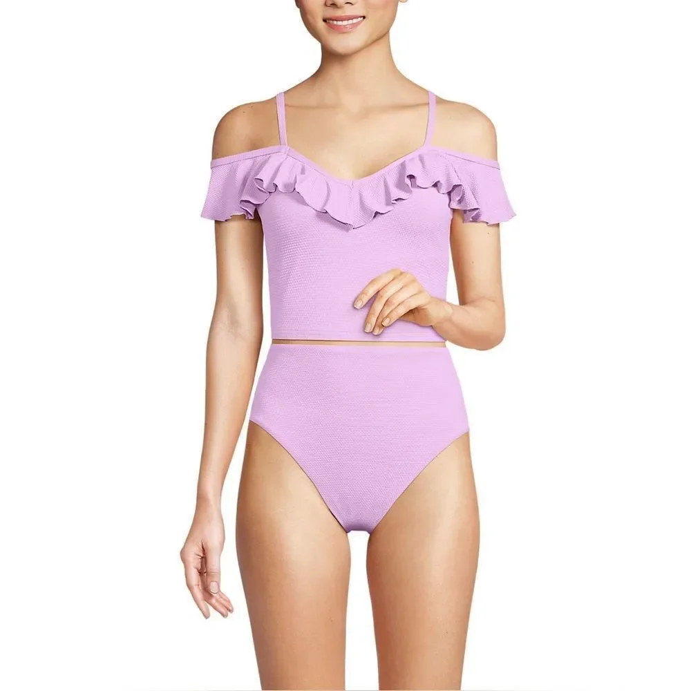 Land's End Pique textured Ruffle Midkini Tankini top Wild Lilac color size Small - Picture 4 of 10